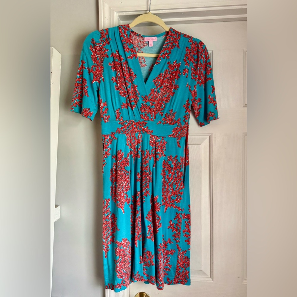 Lilly Pulitzer Teal and Red Coral Midi Dress